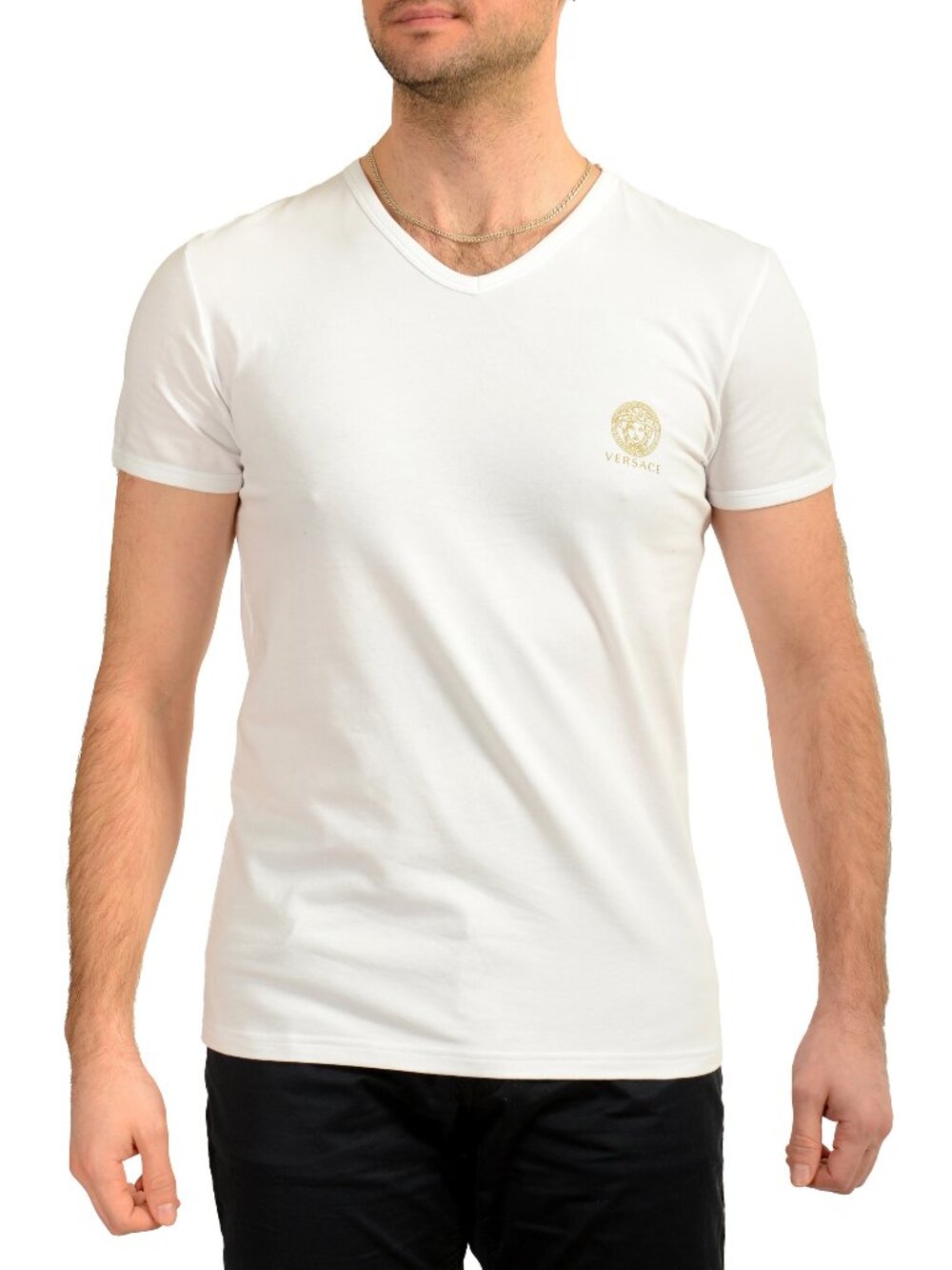 Versace Men's Gold Medusa Print White V-Neck T-Shirt Versace sz 5 US M IT 50